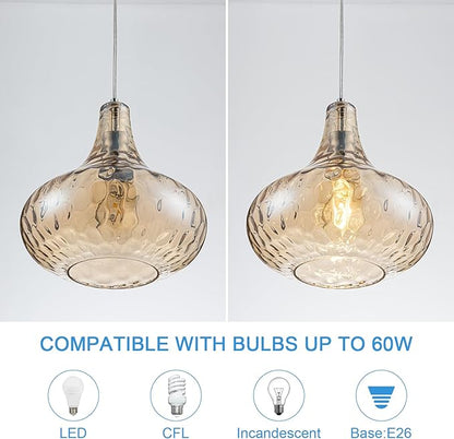 Amber Glass Pendant Light - 11-Inch Hammered Glass Ceiling Light with Brushed Nickel Finish, Adjustable Hanging Cord, Modern Lighting for Kitchen Island, Dining Room, Living Room & Hallway