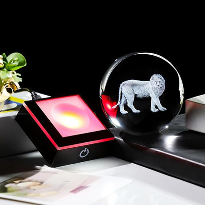 Arikyrist 3D Lion Figurine Crystal Ball with LED Base Laser Lion Gifts for Men Women on Christmas Birthday Decorative Lion Statue Ball Glass Animals Globe Night Light for Home Decor (80mm)