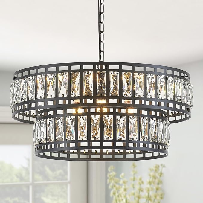 24" Modern Crystal Chandelier 8-Light Drum Large Glass Chandelier 2-Tier Round Black Design Luxury Elegant Lighting Fixture for Dining Room, Foyer, Living Room, Bedroom, Kitchen