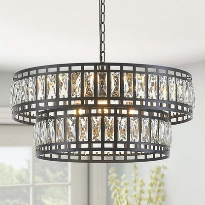 24" Modern Crystal Chandelier 8-Light Drum Large Glass Chandelier 2-Tier Round Black Design Luxury Elegant Lighting Fixture for Dining Room, Foyer, Living Room, Bedroom, Kitchen