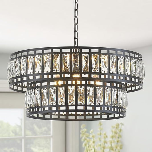24" Modern Crystal Chandelier 8-Light Drum Large Glass Chandelier 2-Tier Round Black Design Luxury Elegant Lighting Fixture for Dining Room, Foyer, Living Room, Bedroom, Kitchen