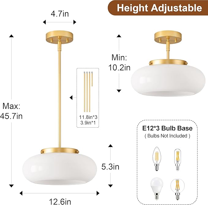 WOKNOS Mid-Century Modern Gold Semi Flush Mount Ceiling Light, 3-Light Kitchen Light Fixtures with Glass Shade for Entryway Hallway Bathroom Bedroom (12.6 Inch)