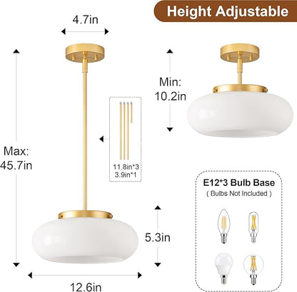 WOKNOS Mid-Century Modern Gold Semi Flush Mount Ceiling Light, 3-Light Kitchen Light Fixtures with Glass Shade for Entryway Hallway Bathroom Bedroom (12.6 Inch)