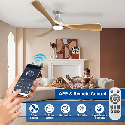 DLLT 52-Inch Ceiling Fans with Lights: Flush Mount Ceiling Fan 3 Blades for Indoor Outdoor - Dimmable Ceiling Fan with Remote APP Control Quiet DC Motor for Low Profile Bedroom