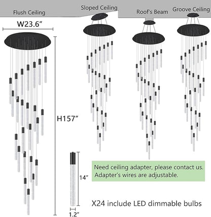 HAIXIANG 13 Foot High Ceiling Chandelier for Entryway Modern Crystal Lights for Living Room Foyer Flush Mount Sloping Ceiling Pendant Light Fixture Remote Dimmable 24-Lights Black