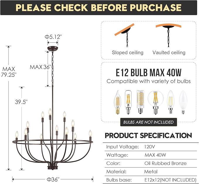 12-Light Farmhouse Oil Rubbed Bronze Chandelier Large High Ceiling Foyer Metal Candle Chandeliers for Dining Room Hanging Lighting for Kitchen Living Room Entryway, 36in