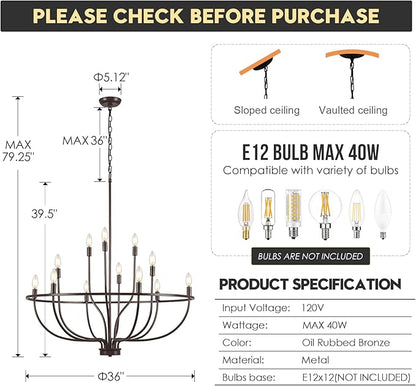 12-Light Farmhouse Oil Rubbed Bronze Chandelier Large High Ceiling Foyer Metal Candle Chandeliers for Dining Room Hanging Lighting for Kitchen Living Room Entryway, 36in