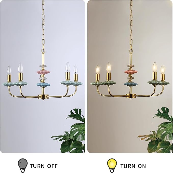 Gold Chandeliers for Dining Room Light Fixture Over Table,5-Light Art Deco Chandelier, Modern Retro Candle Chandelier with Ceramic,Farmhouse Chandelier for Girls Bedroom，Living Room, Foyer