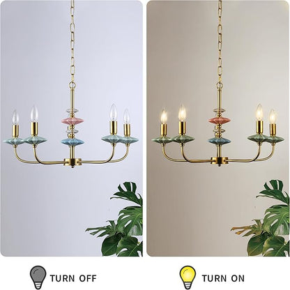 Gold Chandeliers for Dining Room Light Fixture Over Table,5-Light Art Deco Chandelier, Modern Retro Candle Chandelier with Ceramic,Farmhouse Chandelier for Girls Bedroom，Living Room, Foyer