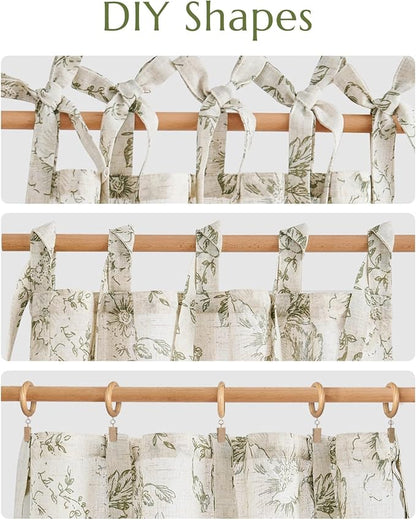 jinchan Floral Linen Tier Curtains 24 Inch Farmhouse Cafe Curtains Tie Top Botanic Drapes for Small Windows Over Sink for Kitchen Country Rustic Laundry Room Bathroom RV 2 Panels Green on Beige