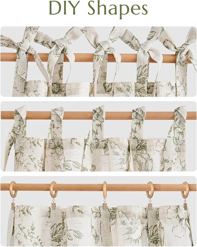 jinchan Floral Linen Tier Curtains 36 Inch Farmhouse Cafe Curtains Tie Top Botanic Drapes for Small Windows Over Sink for Kitchen Country Rustic Laundry Room Bathroom RV 2 Panels Green on Beige