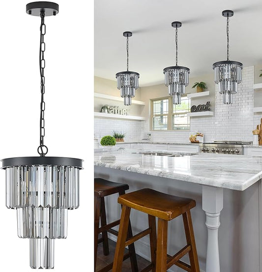 CATINER 3 Tiers Black Crystal Pendant Light, Mini Smoke Gray K9 Crystal Chandelier Modern Pendant Light Fixture for Kitchen Island Dining Room Hallway Bedroom Closet