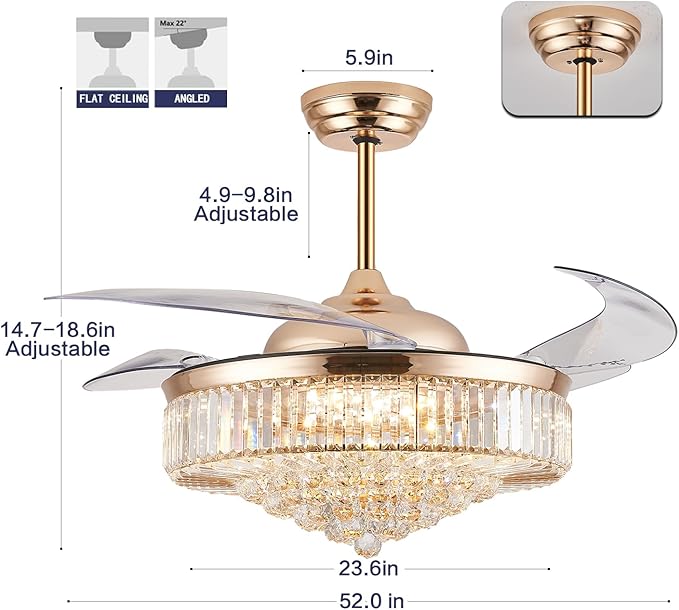 DuMaiWay 52" Dimmable Chandelier Ceiling Fan with Lights,Retractable Crystal Fandelier Ceiling Fan with APP Control for Bedroom Living Room Polished Gold 6 Speed