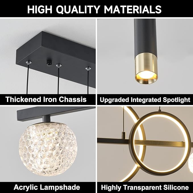 ORANOOR Modern LED Pendant Lights, Dimmable 47in Linear LED Chandelier Lighting, Upgraded Black & Gold Dining Room Hanging Light Fixtures Kitchen Island Globe Pendant Light for Dining Table (4200lm)