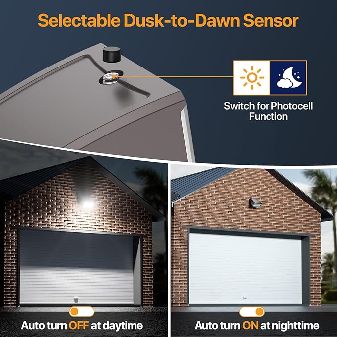 Adjustable LED Wall Pack Light with Dusk to Dawn Photocell 30W/40W/60W Selectable, 5000K Daylight, 100LM/W, 6000LM Max, IP65 Waterproof Outdoor Security Light for Garage, Building, Yard