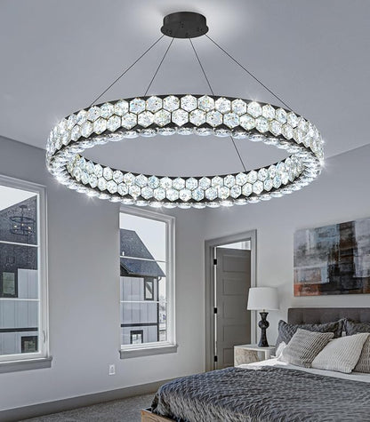 Modern Ring Chandelier Crystal Chandeliers for Dining Room Round Ceiling Light Fixture for Living Room Bedroom Lighting LED Dimmable with Remote Ring Lights Black