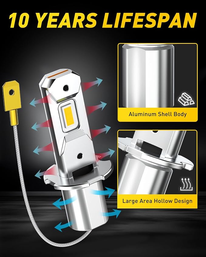 AUXITO H3 LED Bulb Yellow 3000K, 16,000LM 600% Super Brighter, 10 Years Lifespan, 1:1 Size Plug-n-Play, 100% Perfect Installation, H3 LED Fog Lighr Bulb for Fog Lamp, DRL, Canbus Ready, Pack of 2