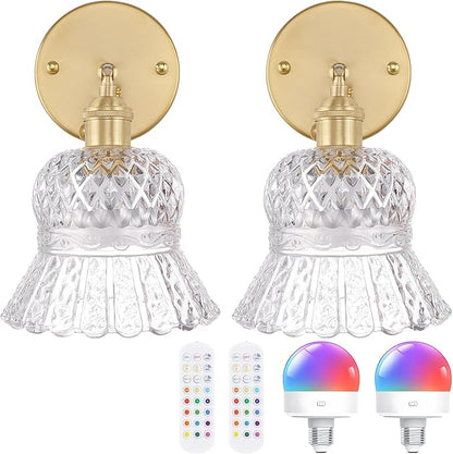 Shenmoyl Vintage Battery Operated Wall Sconces Set of Two, Rechargeable Battery Powered Wall Sconce with Remote Control, Wireless Dimmable LED Light for Bedside Bedroom Kitchen (Transparent Pineapple)