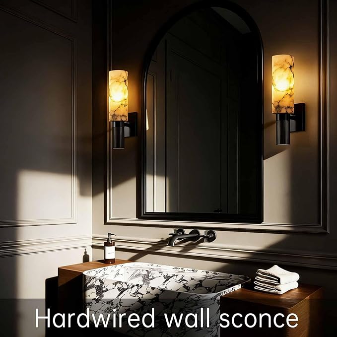 Modern Alabaster Sconce Marble Wall Sconce for Living Room Black Base Bathroom Vanity Wall Sconce Lighting Stone Marble Wall Lamp for Bedroom Corridor Stairs Restaurant