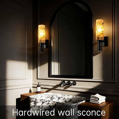 Modern Alabaster Sconce Marble Wall Sconce for Living Room Black Base Bathroom Vanity Wall Sconce Lighting Stone Marble Wall Lamp for Bedroom Corridor Stairs Restaurant
