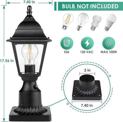 FOLKSMATE Dusk to Dawn Outdoor Post Lights, 2-Pack Large Waterproof Outside Post Lamps with Pier Mount, Exterior Pole Lantern with Clear Glass, Matte Black Light Fixture for Patio, Garden, Walkway
