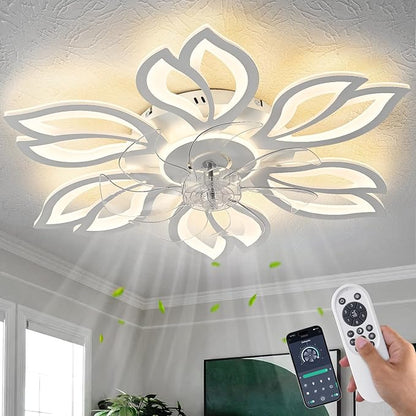 White Flower Modern Ceiling Fans with Lights, Low Profile Ceiling Fan with Remote for Bedroom, Flush Mount Ceiling Fan with LED Dimmable Light,3-Colors, 6-Speeds, Ceiling Fans Light