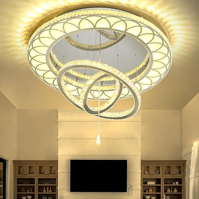 Flashing God Extra Large Chandelier Dia 55" Chrome Chandeliers Flush Mount Chandelier for Living Room Bedroom Dining Room Hallway Dimmable 3 Rings Ceiling Chandeliers