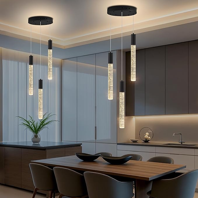 Modern Crystal Chandelier 3-Lights, Spiral LED Raindrop Kitchen Island Pendant Lighting, Bubble Foyer Dinimg Room Hanging Light Fixture Remote Control Black
