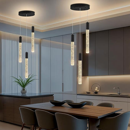 Modern Crystal Chandelier 3-Lights, Spiral LED Raindrop Kitchen Island Pendant Lighting, Bubble Foyer Dinimg Room Hanging Light Fixture Remote Control Black