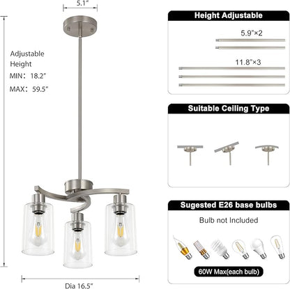 3 Light Brushed Nickel Dining Room Light Fixture,Modern Kitchen Chandeliers Over Table，Adjustable Height Industrial Hanging Pendant Lights for Kitchen Island with Glass Shade