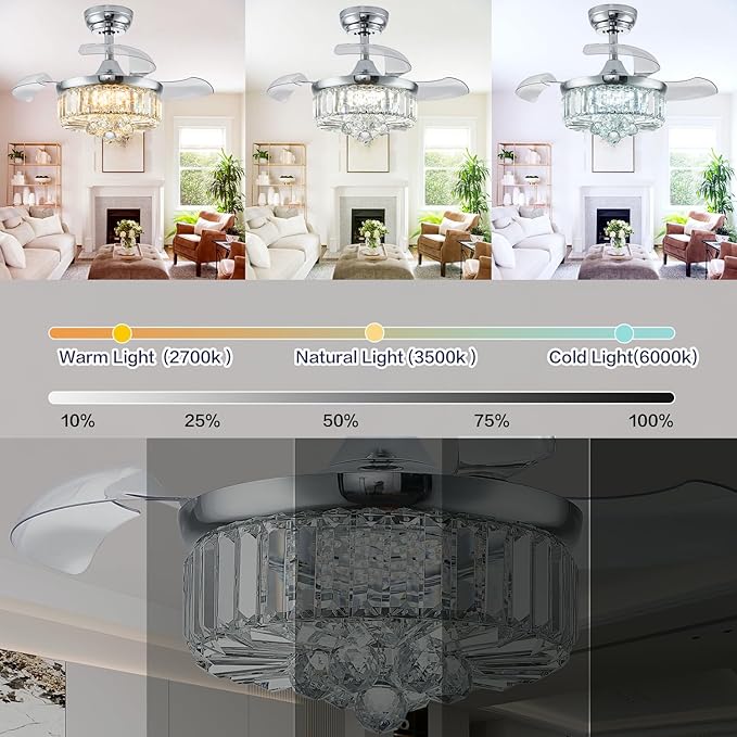 DuMaiWay 30" Chandelier Ceiling Fan with Light Crystal Modern Fandelier Reversible Ceiling Fan Dimmable Retractable Timer for Bedroom Dining Living Room Silver Chrome