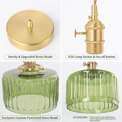 Shenmoyl Pendant Light 2 Pack with Green Striped Glass Lmapshade, Brass Vintage Pendant Light Adjustable Hanging Light for Kitchen Island Dining Room Hallway
