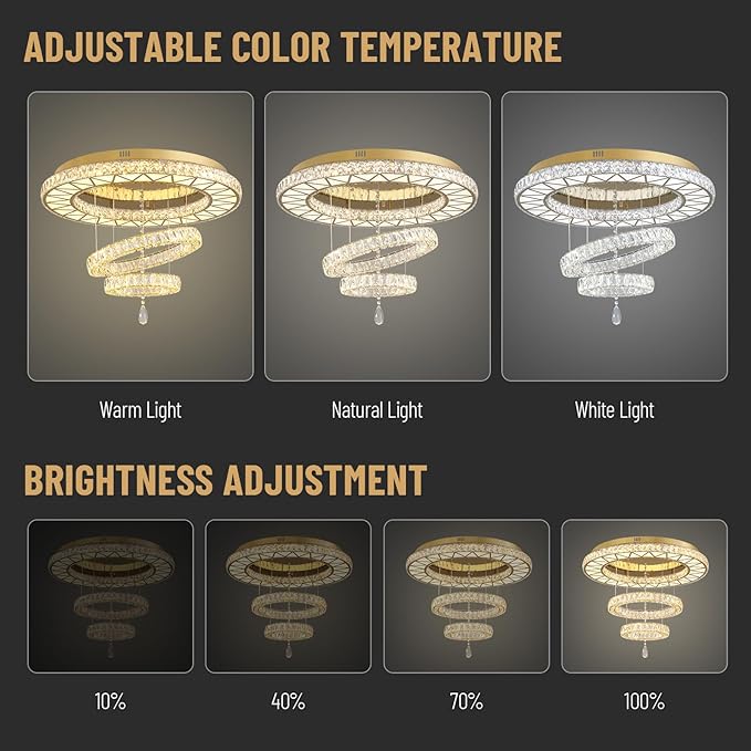 Siljoy 32" Gold Crystal Chandeliers, 3 Rings LED Flush Mount Ceiling Light, Dimmable Foyer Chandeliers for Living Room Dining Room Staircase, D12-18-32"