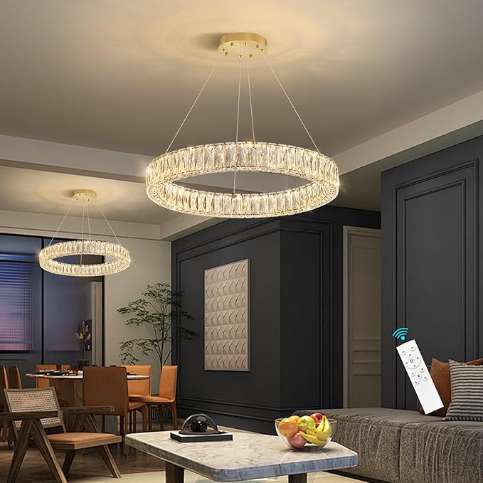 HAIXIANG Modern Crystal Chandelier Dimmable LED Ring Pendant Lights Adjustable Glam Chandeliers Lighting Fixtures for Dining Room Living Room Bedroom Gold Light