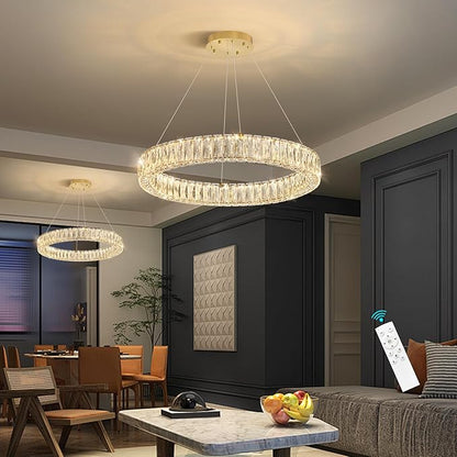 HAIXIANG Modern Crystal Chandelier Dimmable LED Ring Pendant Lights Adjustable Glam Chandeliers Lighting Fixtures for Dining Room Living Room Bedroom Gold Light