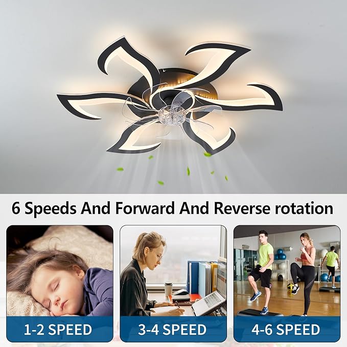Black Flower Modern Ceiling Fans with Lights, Low Profile Ceiling Fan with Remote for Bedroom, 32inch Flush Mount Ceiling Fan with LED Dimmable Light,6-Speeds, Timing Ceiling Fan Light