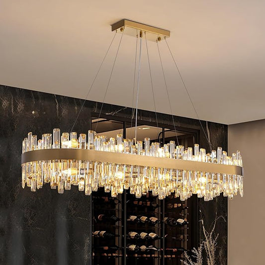 Siljoy Modern Crystal Chandelier, L52'' Luxury Rectangular Brushed Brass Gold Crystal Raindrop Chandelier Large Oval Crystal Pendant Ceiling Light Fixture for Dining Room Kitchen Island, E12 x 20