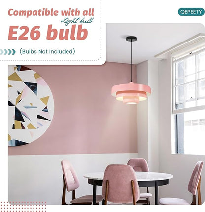 Pink Mid Century Chandelier, Adjustable Pendant Light with 59" Cord, Nordic Flush Mount Ceiling Fixture for Girls Bedroom, Apartment, Cafe, Dining Room