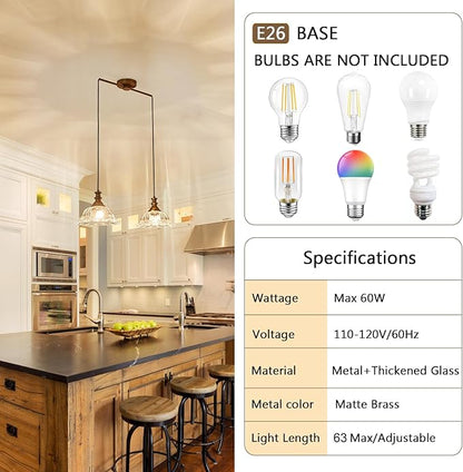 HDDFL Vintage 2 Light Pendant Light Fixtures Modern Glass Hanging Lamps with Adjustable Cord for Kitchen Island Dining Room Living Room Hallway