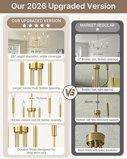 Yunnix Gold Chandelier 6-Light Modern Vintage Candle Pendant Light Fixture in Brass for Dining Room, Kitchen Island, Bedroom and Foyer Lighting (Bulb Not Included)