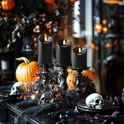 Homemory Black Flameless Candles, Halloween Candles Battery Operated with Remote and Timer, Flickering LED Pillar Candle for Theme Party, Holiday Decor, Set of 3