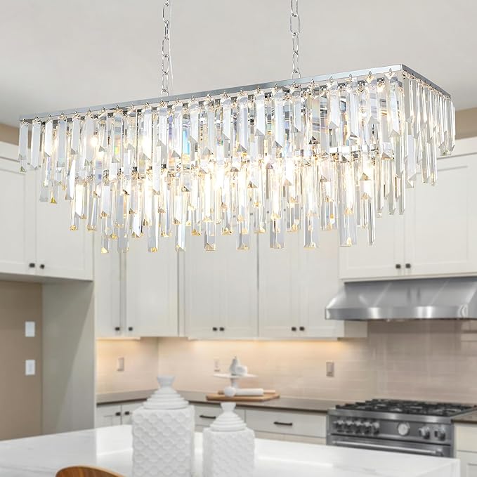 Modern Chrome Rectangle Chandelier, 10 Lights Linear Luxury Crystal Chandelier Top K9 Crystal Rectangular Ceiling Pendant Light Fixture for Dining Room Kitchen Table Living Room