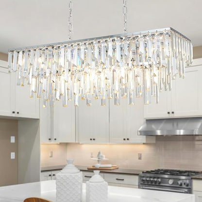 Modern Chrome Rectangle Chandelier, 10 Lights Linear Luxury Crystal Chandelier Top K9 Crystal Rectangular Ceiling Pendant Light Fixture for Dining Room Kitchen Table Living Room