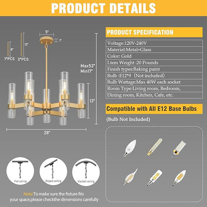 LIGHTDAMY Gold Chandelier,9 Light Farmhouse Chandeliers for Dining Room Light Fixtures Over Table,Kitchen Hanging Lighting with Clear Glass Class for Living Room Kitchen Island Hallway Foyer 28"