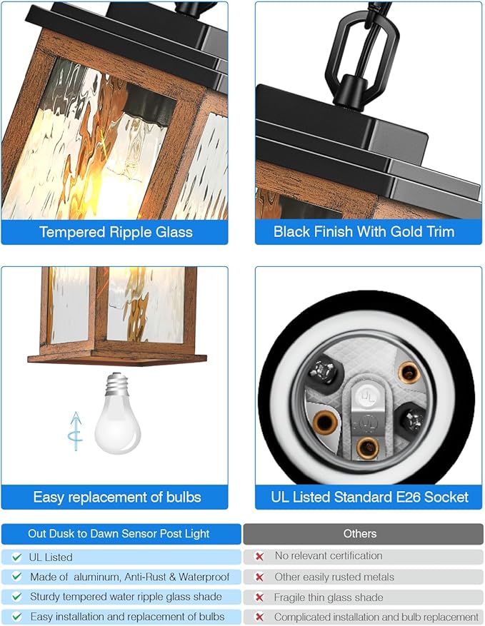 VIANIS Outdoor Pendant Light Fixtures, Wood Grain Outside Hanging Lights Lantern, Outdoor Ceiling Lights for Porch with Waterproof, Aluminum Porch Lights Ceiling with Water Ripple Glass