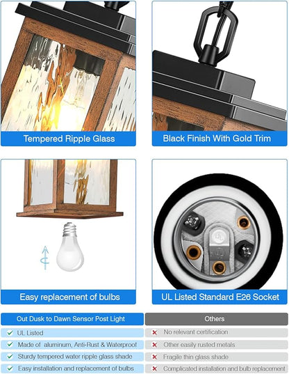 VIANIS Outdoor Pendant Light Fixtures, Wood Grain Outside Hanging Lights Lantern, Outdoor Ceiling Lights for Porch with Waterproof, Aluminum Porch Lights Ceiling with Water Ripple Glass