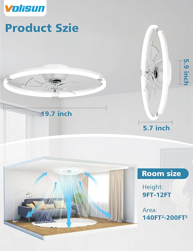 VOLISUN Low Profile Ceiling Fan with Lights and Remote, 19.7in Bladeless Ceiling Fans with Light Flush Mount, Dimmable Modern LED Fan Light, White Fandelier Ceiling Fans for Bedroom,Living Room