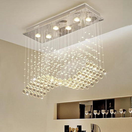 Modern Wave Chandelier, Rectangular Crystal Raindrop Chandelier Flush Mount Pendant Lighting Chrome Ceiling Light Fixture for Dining, Living Room, Kitchen Island, Bedroom of CRYSTOP