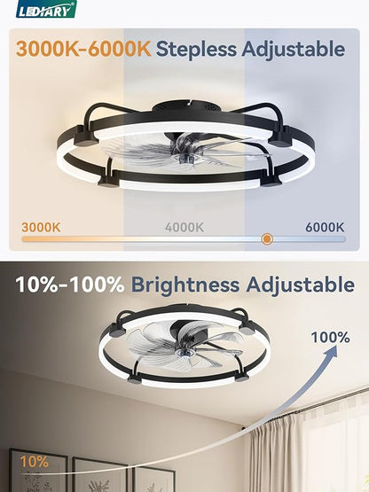 LEDIARY 2 Pack Ceiling Fans with Lights and Remote, 24'' Low Profile Ceiling Fan with Light, 3000-6000K Dimmable Fandelier LED Fan Light, 6 Wind Speeds, Black Flush Mount Ceiling Fan for Bedroom
