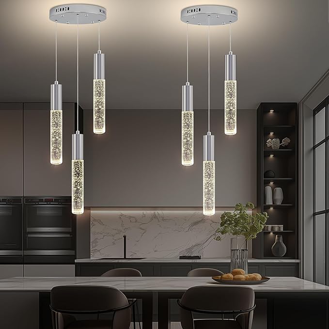 Modern Crystal Chandelier for Kitchen Island 3-Lights, Elegant Chrome LED Bubble Pendant Lighting Fixture for Dining Room Bedroom Entryway